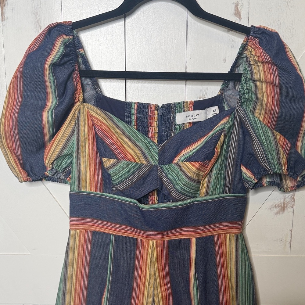Ali & Jay Striped Vibrant Rainbow Denim Jumpsuit